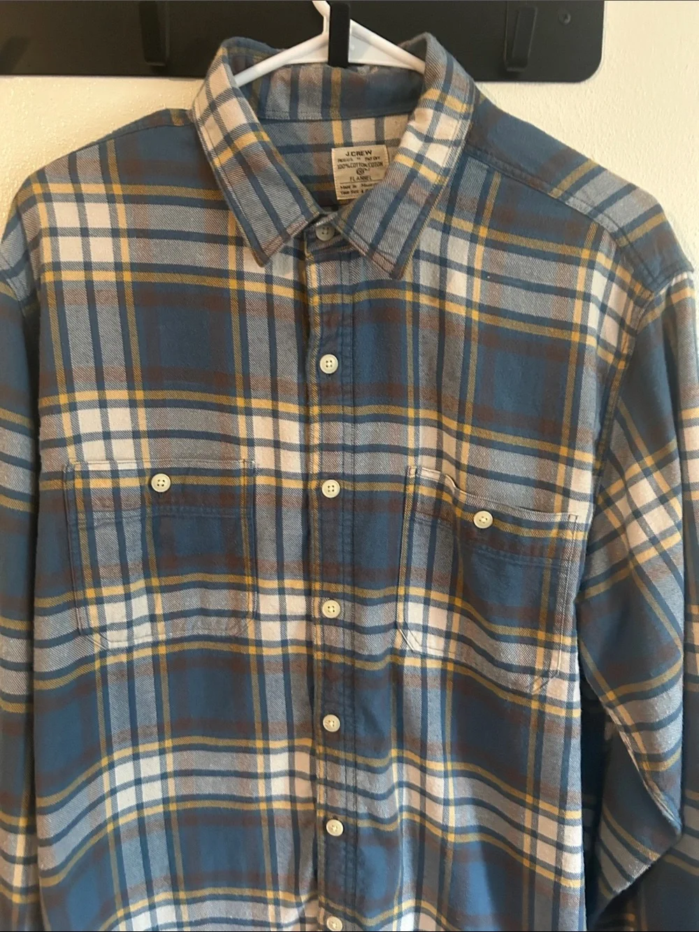 JCrew Men's L Blue/Yellow Plaid Cotton Flannel Chest Pkts Button-Up Shirt